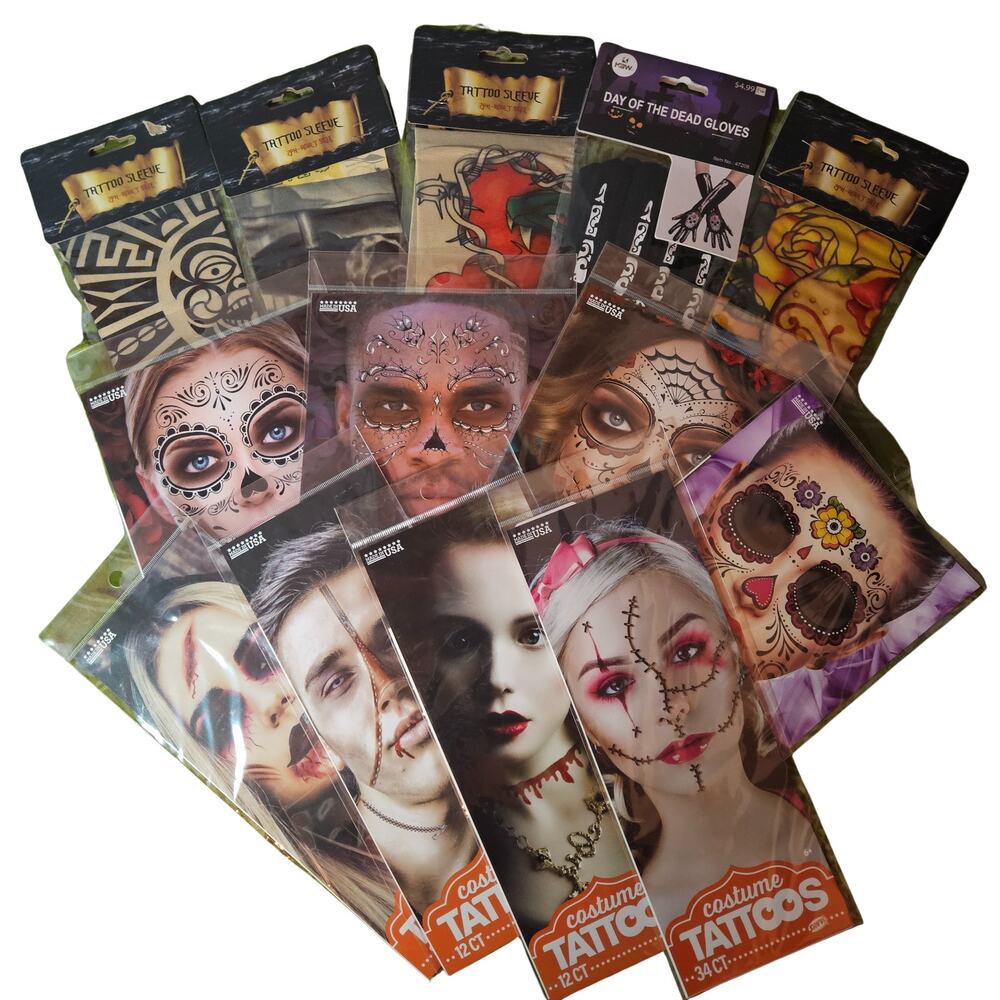 Lot of 13 Temporary Tattoos -4 Sleeves, 1 Glove, 8 Face Blood Stitches Halloween